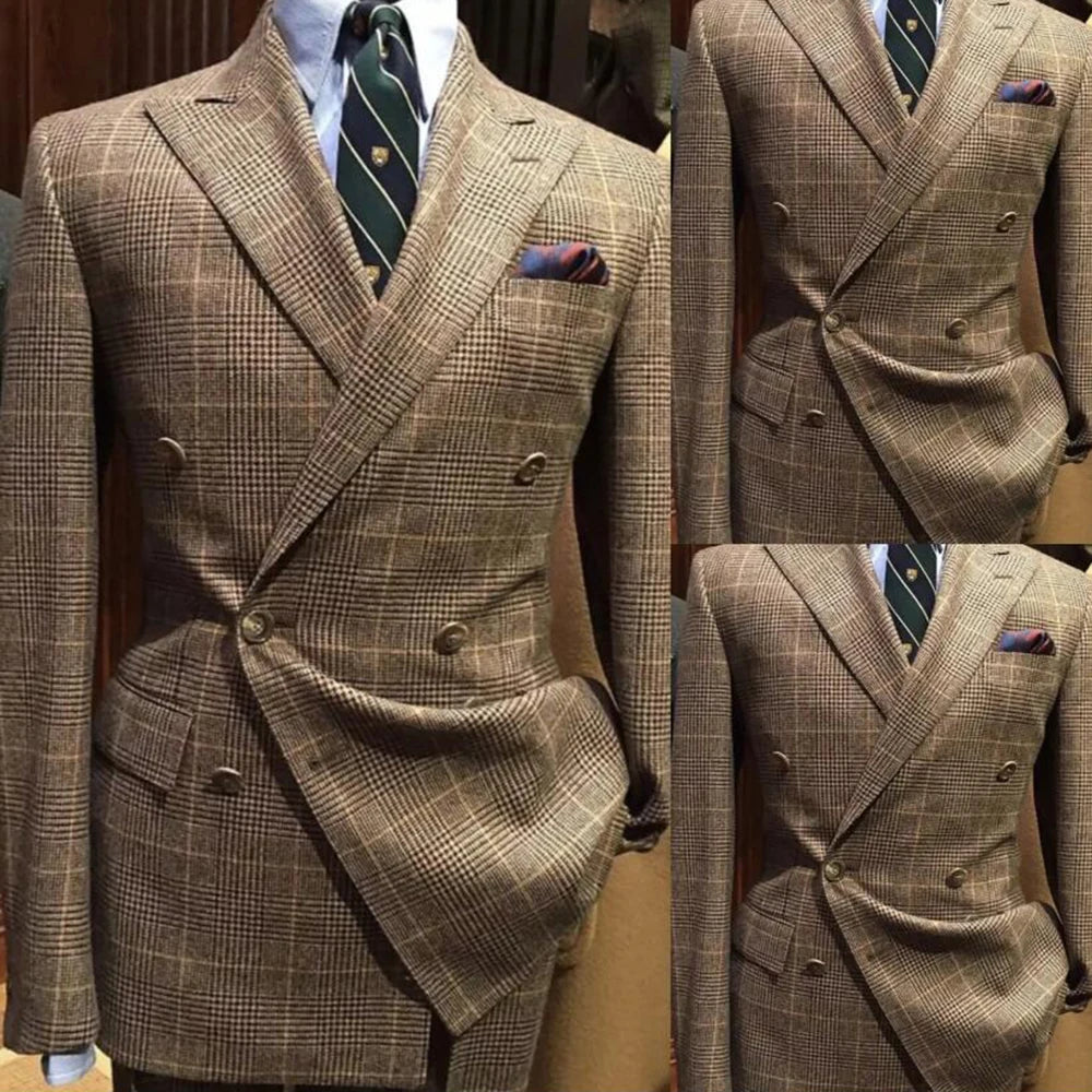 Houndstooth Men Suits 2 Pieces Sets Double Breasted Wide Peak Lapel Jacket Coat Business Blazers Customized Groom Wedding Tuxedo