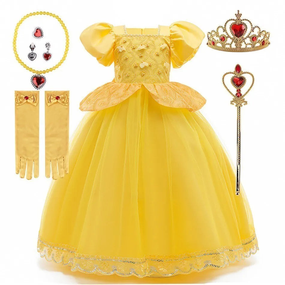 Girl Princess Dress Beauty And Beast Cosplay Costume Belle Praty Yellow Luxury Wedding Ball Gown Kid Carvinal Fancy Clothes