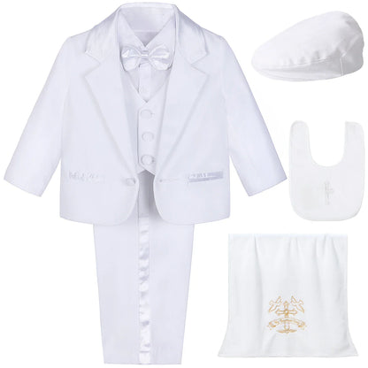 Baby Boy Baptism Outfit Infant White Christening Suit with Hat Toddler Wedding Birthday Party Clothing Long Sleeved Tuxedo 5PCS
