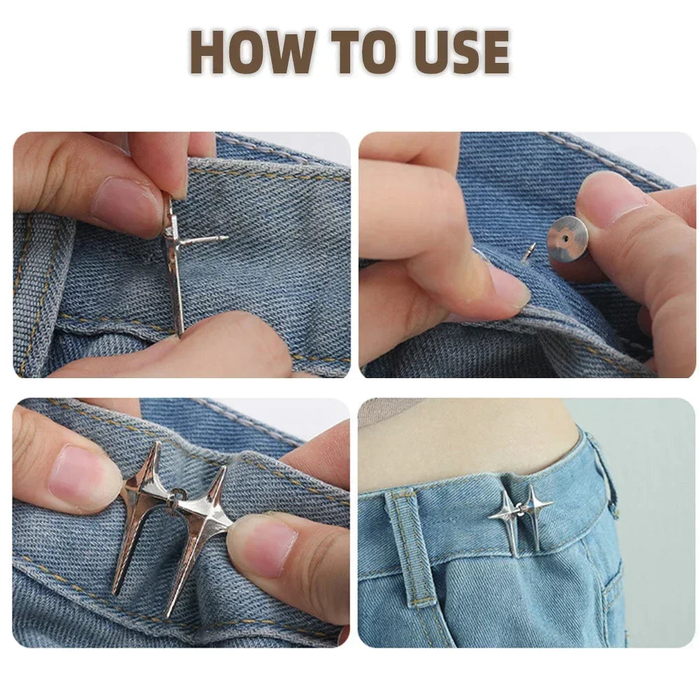 1Pair Cross Star Waist Buckle Adjustable Detachable Pants Clips Waist Tightener Nail-free Metal Button Snaps for Jeans Decor