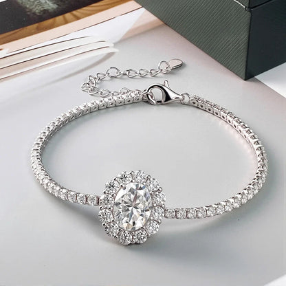 2mm Full Moissanite Tennis Bracelet With 2carat Halo Oval Cut Diamond Pendant Wrist Chain S925 Silver Fine Jewelry For Women