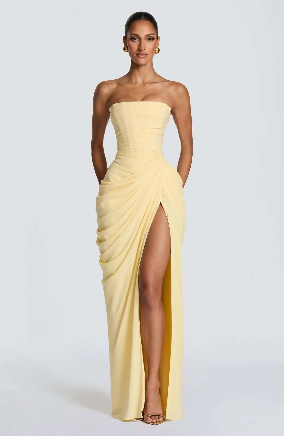 Women Sexy Solid Pleated Strapless Dress Lady Chic Off-shoulder Backless High Waist Split Dresses 2026 New Evening Party Gown