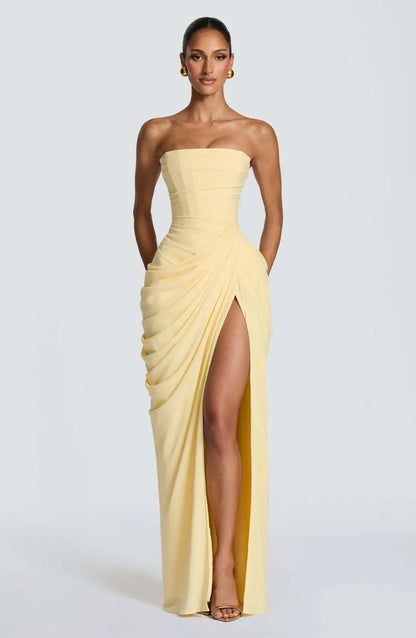 Women Sexy Solid Pleated Strapless Dress Lady Chic Off-shoulder Backless High Waist Split Dresses 2026 New Evening Party Gown
