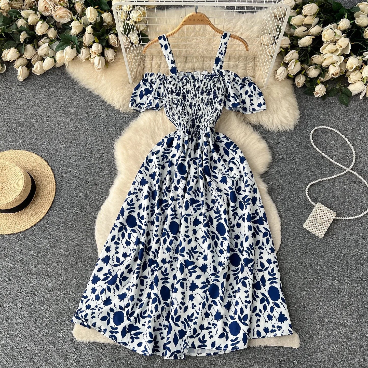 Romantic Floral Print Long Summer Dress Women Fashion Off Shoulders Straps Vacation Beach Dress Korean Party Vestidos