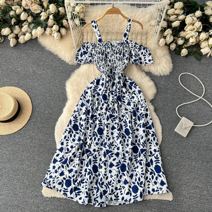 Romantic Floral Print Long Summer Dress Women Fashion Off Shoulders Straps Vacation Beach Dress Korean Party Vestidos