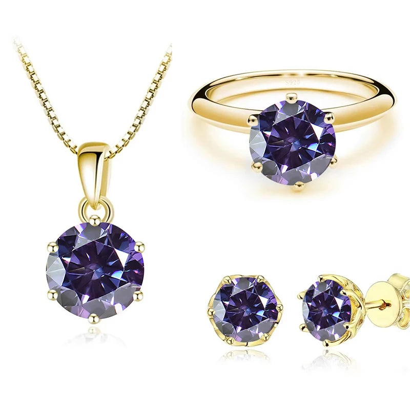 1Carat Moissanite Jewelry Set For Women Sterling S925 Silver Gold Plated Necklace Earrings Ring GRA Certified Wedding