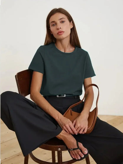 Summer 100% Cotton Women's T-shirt Bottoming Basic Fashionable Solid Lady Short Sleeve Loose Tops Shirts 230g/㎡ Tops