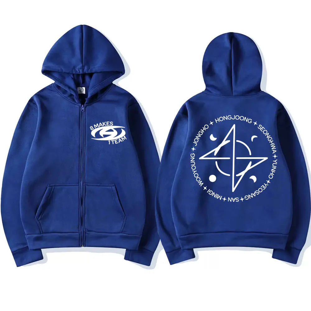 Kpop Ateez 8 Makes 1 Team Zíper Estilo Coreano Y2k Harajuku Moletom com Zíper Masculino Feminino Moda Superdimensionado Jaquetas Quentes Streetwear