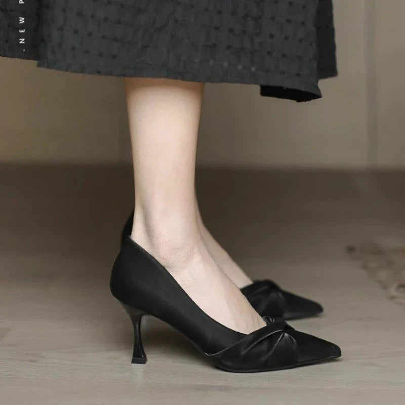 2026 New Women's Pointed Toe Stiletto Heels, Elegant Beige Ruched Pumps, Comfortable Commuter Shoes for Wedding Party Dress