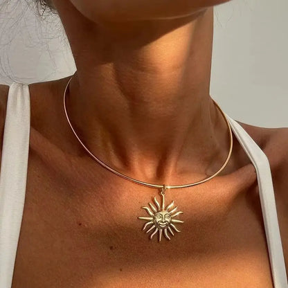 SHIXIN Retro Smooth Golden Metal Thin Choker Necklace for Women Trendy Sun Pendant Necklace Torques Summer Neck Chain Jewelry