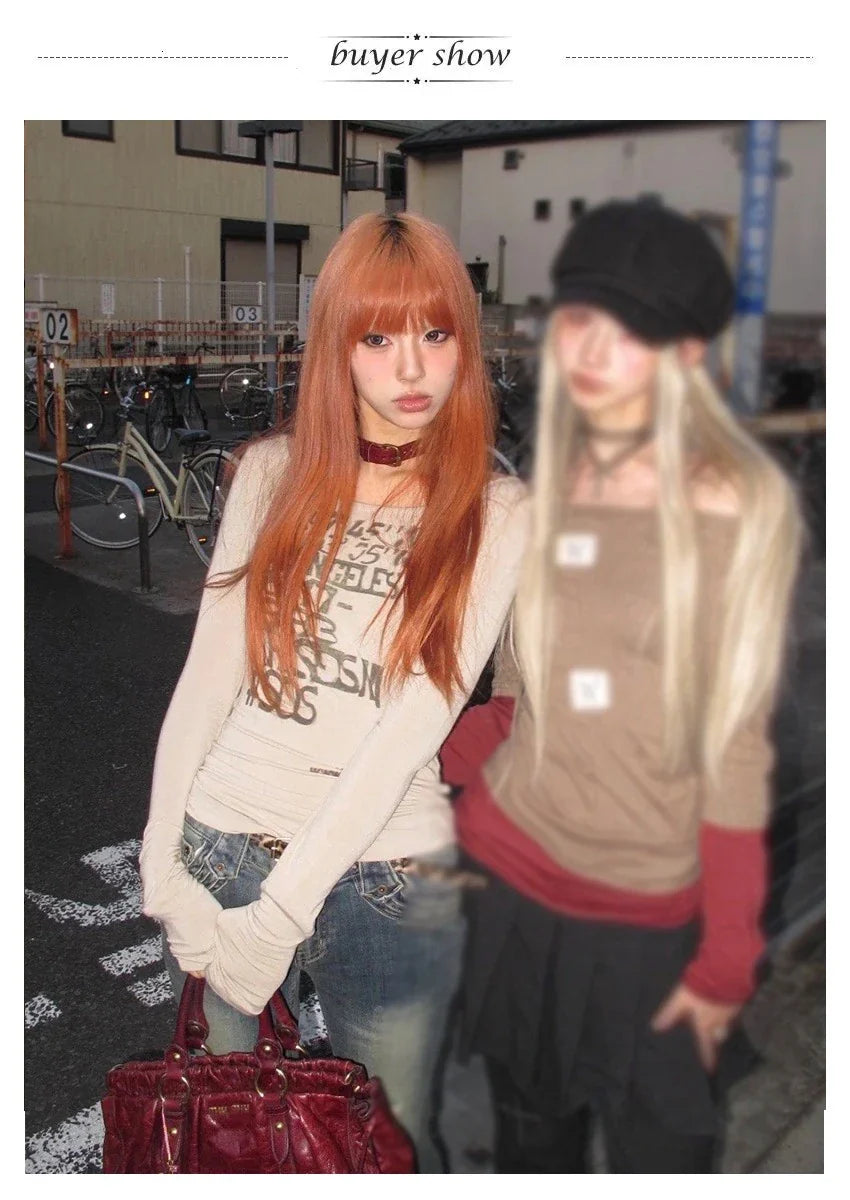 Karrram Camiseta Japonesa Y2k com Estampa de Letras Trashy Estilo Anos 2000 Blusas Caneladas de Manga Comprida Vintage Harajuku Streetwear Retrô Americano