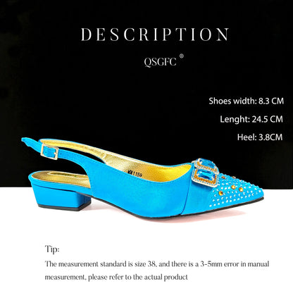 Summer New Design Specials Italian Women Shoes and Bag Set Sky Blue Color Comfortable Low Heels With Rhinestone