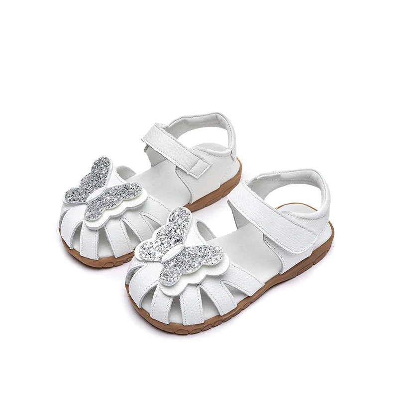 Leather sparkling butterfly Girls flat Sandals closed toe little kids girls summer shoes