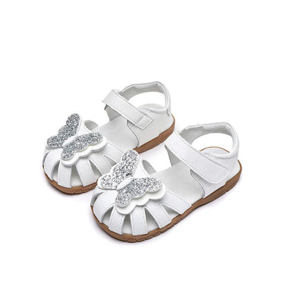 Leather sparkling butterfly Girls flat Sandals closed toe little kids girls summer shoes