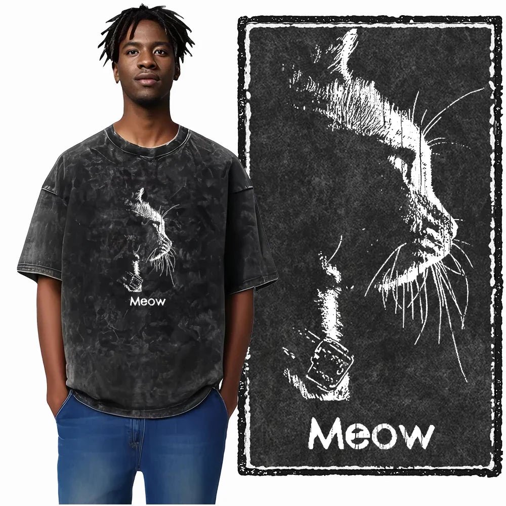 cat Printed Cotton Acid Washed Exclusive Graphic Unisex T Shirt Cool Streetwear Men Tshirts Big Size Tee for men