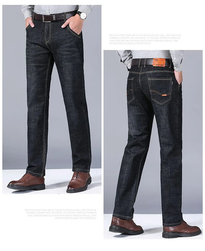 Autumn Spring Business Jeans Men Casual Comfortable Straight Denim Pant Stretch Fashion Classic Soft Premium Blue Black Trousers
