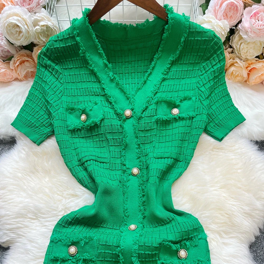 Fashion Sexy Package Hips Knitted Dress Women V-neck Single-breasted Bodycon Sweater Dress Office Lady Vestidos