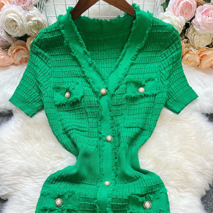 Fashion Sexy Package Hips Knitted Dress Women V-neck Single-breasted Bodycon Sweater Dress Office Lady Vestidos