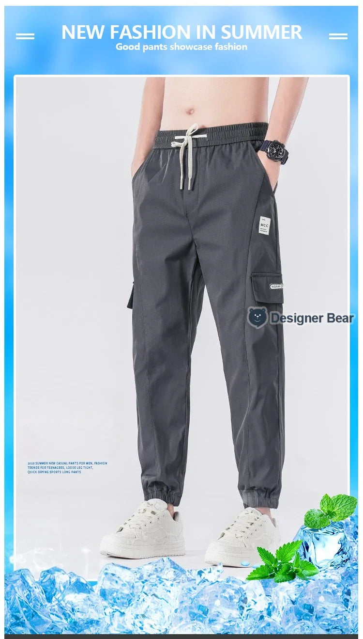 Spring Summer Thin Men's Cargo Pants Loose Tapered Elastic Cuff Jogger Trousers Quick Dry Casual Outdoor Haren Pants Male 5XL