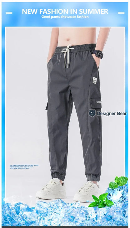 Spring Summer Thin Men's Cargo Pants Loose Tapered Elastic Cuff Jogger Trousers Quick Dry Casual Outdoor Haren Pants Male 5XL