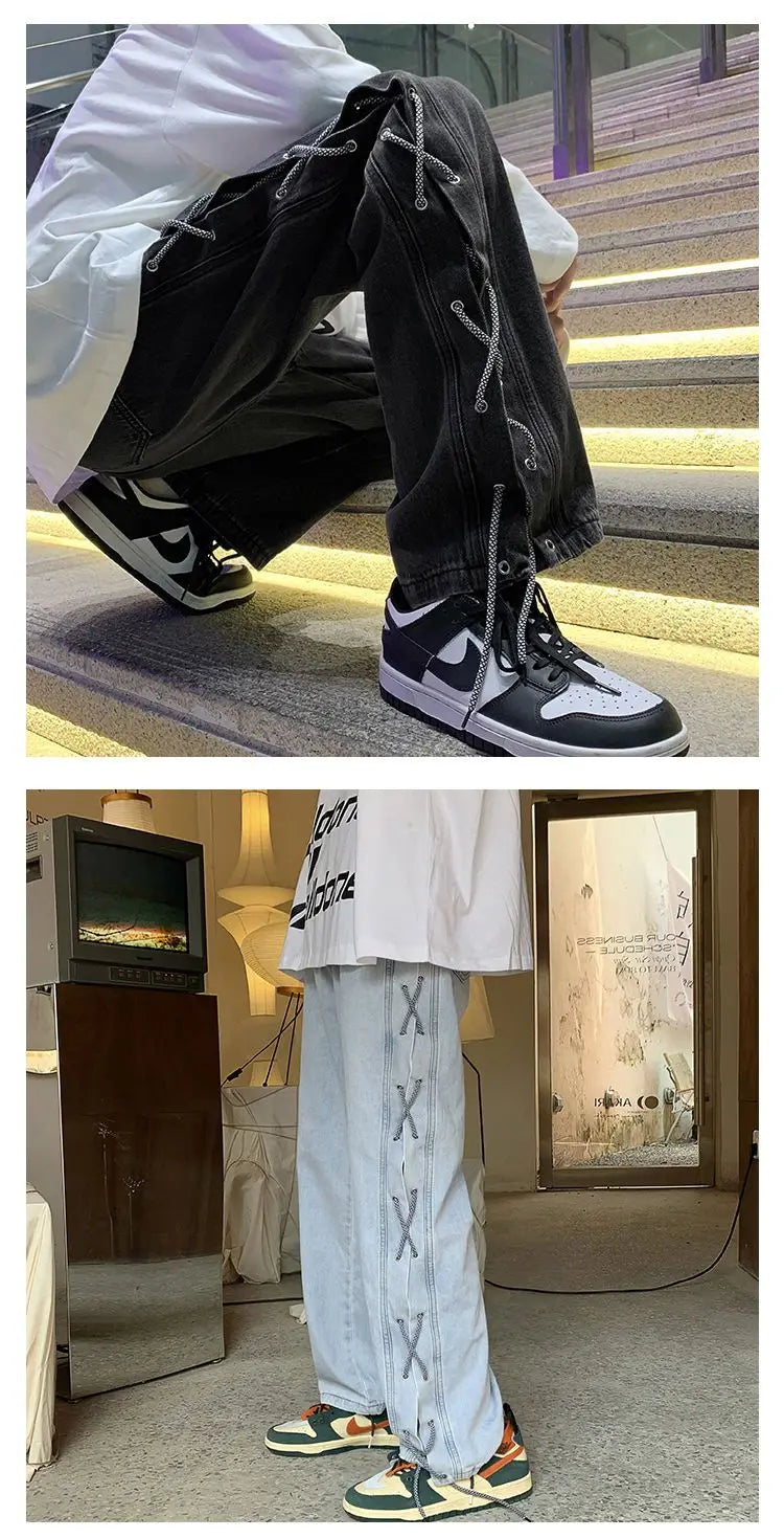 Streetwear Y2k Jeans Pants Lace Up Baggy Black Jeans Man Pants Designer Clothes Side Split 2023 Korean Fashion New