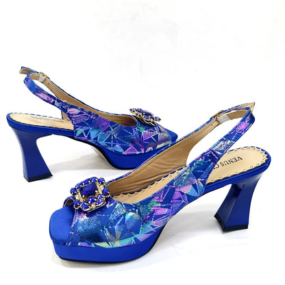 Elegant Women Heels for Peep Toe Good Material Design Rhinestone Fuchsia Sandals Italian Shoes and Bags Matching Set 2025