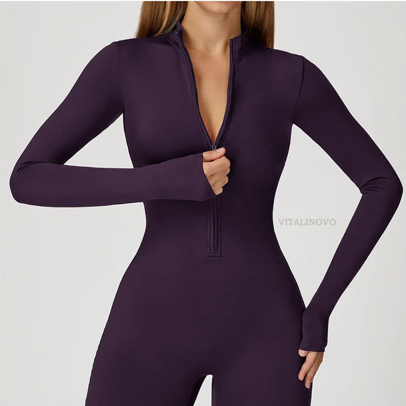 VITALINOVO Women Fleece Lined Workout Jumpsuits Long Sleeve Zip Up Yoga Romper Winter Warm Thermal One Piece Bodycon Bottom Pant