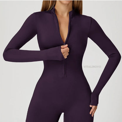 VITALINOVO Women Fleece Lined Workout Jumpsuits Long Sleeve Zip Up Yoga Romper Winter Warm Thermal One Piece Bodycon Bottom Pant