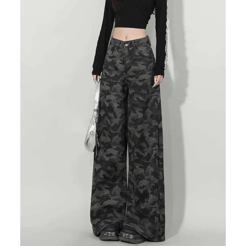 Women Retro Casual Straight Leg Jeans Female High Waist Camouflage Cargo Pants Girls High Street Fashion Denim Trousers