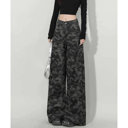 Women Retro Casual Straight Leg Jeans Female High Waist Camouflage Cargo Pants Girls High Street Fashion Denim Trousers