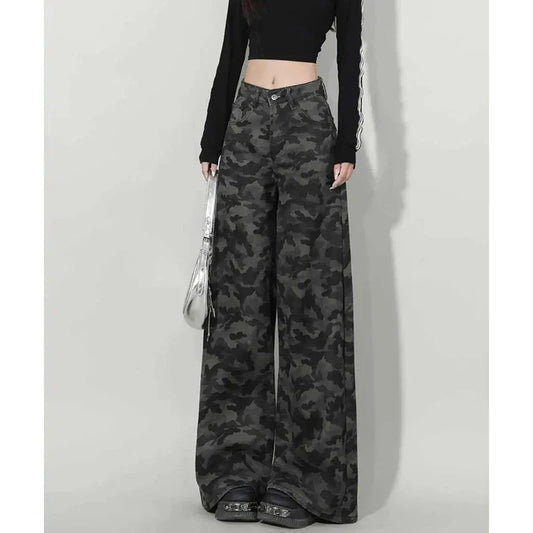 Women Retro Casual Straight Leg Jeans Female High Waist Camouflage Cargo Pants Girls High Street Fashion Denim Trousers