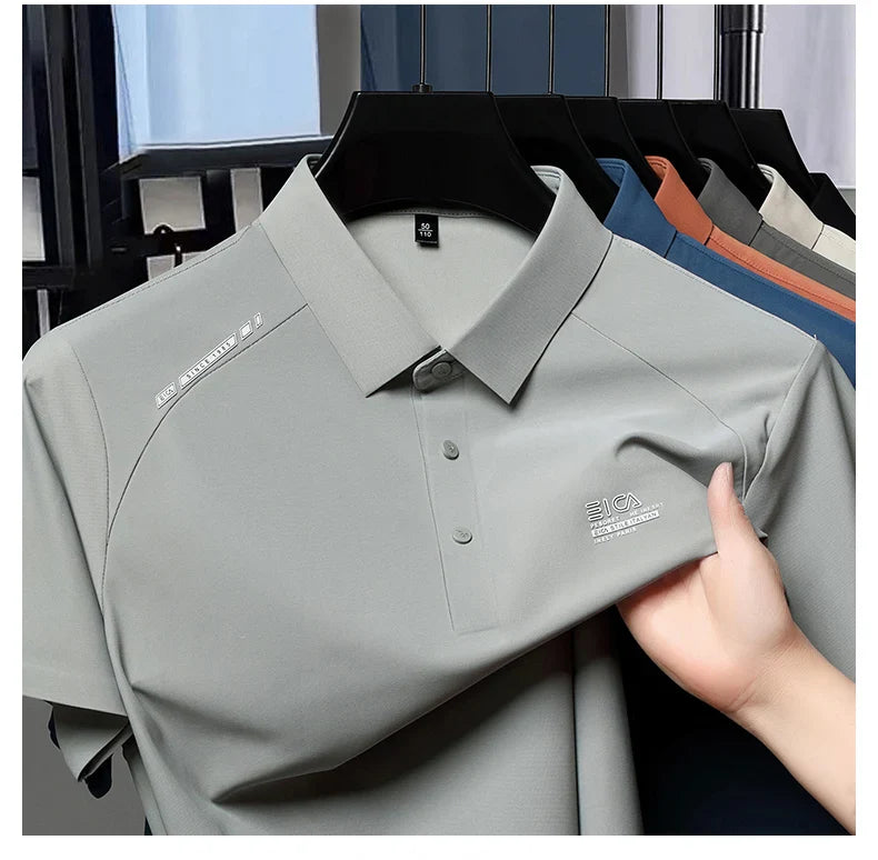 High quality ice silk short sleeve polo shirt cool breathable fashion brand letter printed summer casual men's lapel T-shirt