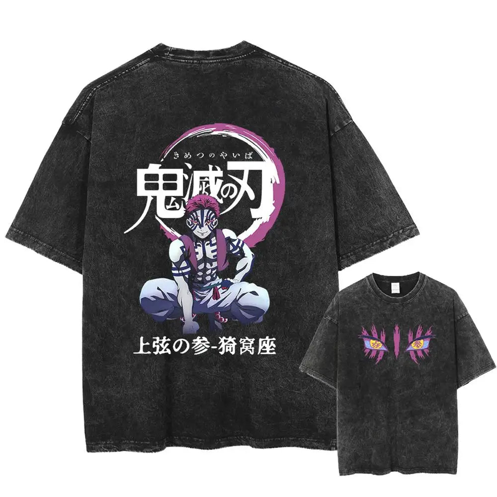 2025 Summer Men's Washes T-shirts Japanese Anime Demon Slayer Kyoujurou Graphic Clothing Harajuku Y2K Oversized Pure Cotton Tops