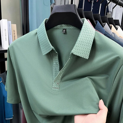 Fashion V-neck short sleeve T-shirt men's summer solid color silky smooth breathable personalized jacquard buttonless polo shirt