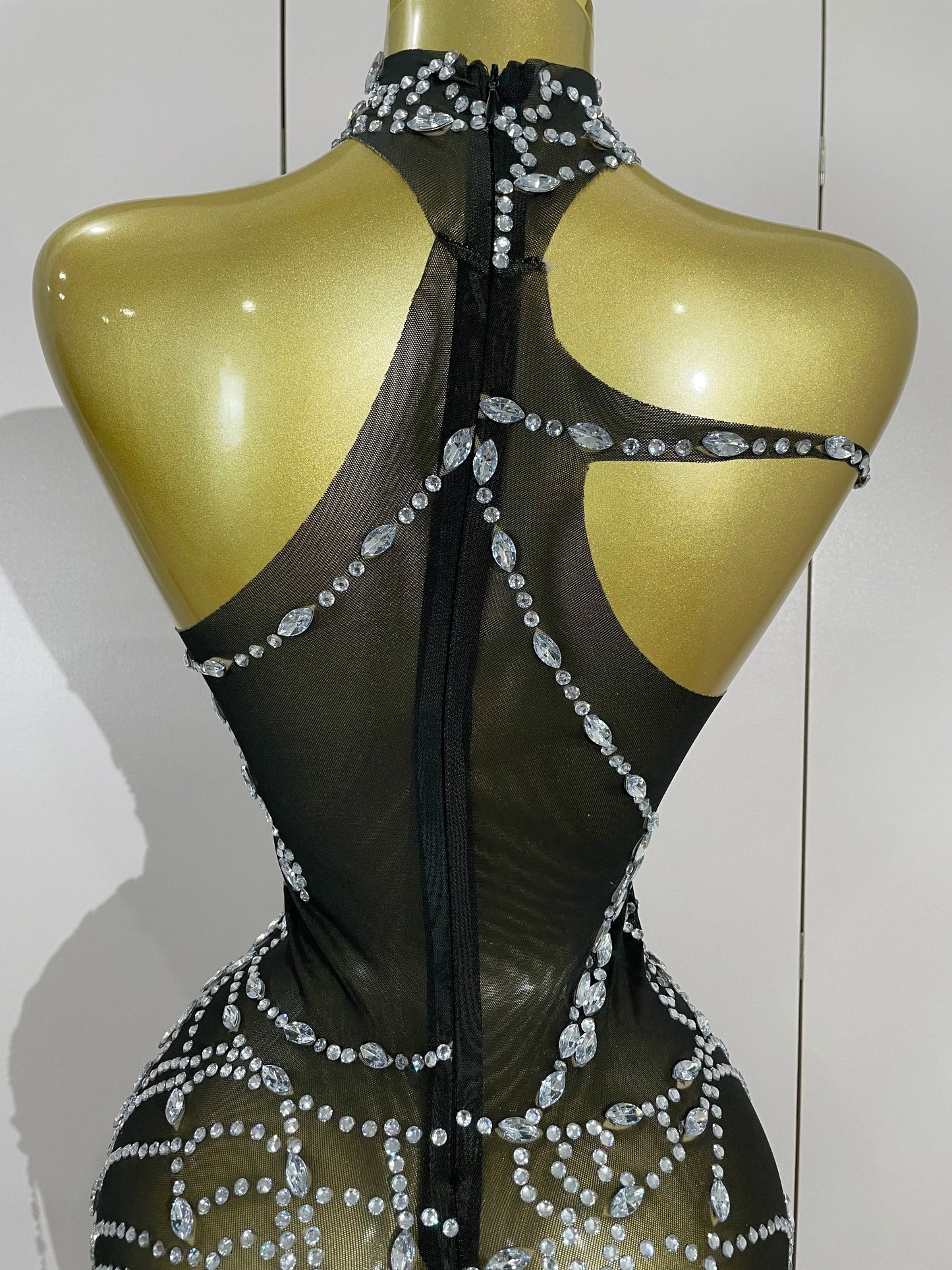 Sparkly Diamond Sexy Mesh Asymmetric Bodycon Mini Dress Women Nightclub Bar Party Show Gogo Dancer Clothing Stage Costume