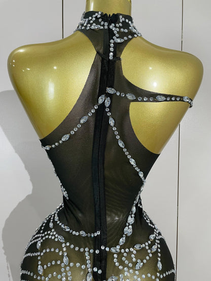 Sparkly Diamond Sexy Mesh Asymmetric Bodycon Mini Dress Women Nightclub Bar Party Show Gogo Dancer Clothing Stage Costume