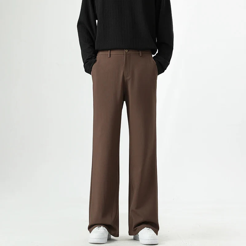 Men's Korean Fashion Small Flared Suit Pants Elastic Waist Drape Loose Straight Solid Color Business Office Casual Male Trousers