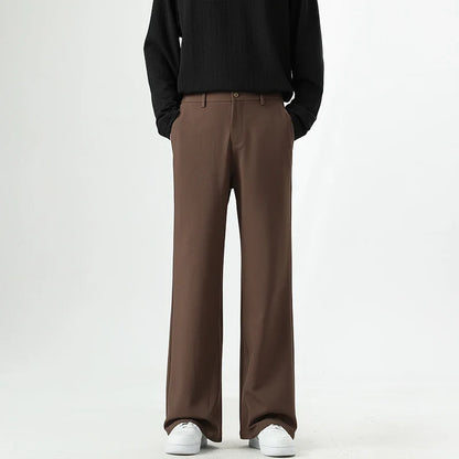 Men's Korean Fashion Small Flared Suit Pants Elastic Waist Drape Loose Straight Solid Color Business Office Casual Male Trousers