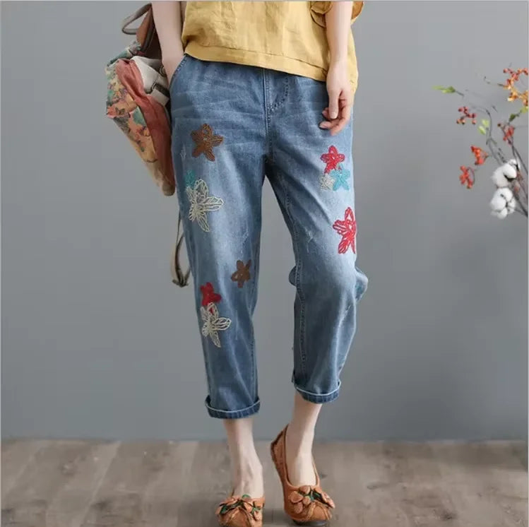 Womens Vintage Floral Loose Denim Pants 2025 Spring Chinese Style Casual Ripped Blue Jeans Holes Elastic Harem Trousers
