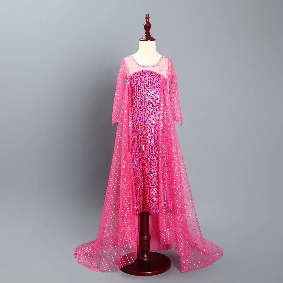 Children Elsa Cosplay Little Girls Princess Carnival Birthday Sequin Dress Kids Cinderella Performance Blue White Rose Red Dress