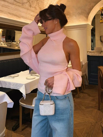 Trendix Hollow Out Sweater Sets For Women 2025 Fall New Long Sleeve Knitwear Shawl Suits Sexy Backless Knit Tank Top 2 Piece Set