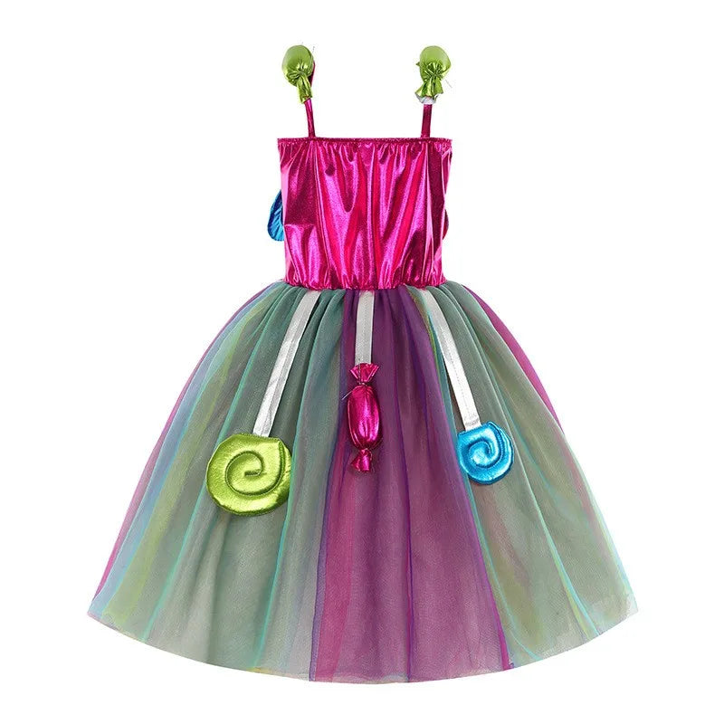 New Sweet Lollipop Candy Girl Dress Carnival Party Little Kids Birthday Costume Fancy Rainbow Tutu Children Wedding Clothes