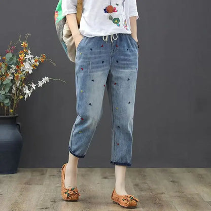 Womens Vintage Floral Loose Denim Pants 2025 Spring Chinese Style Casual Ripped Blue Jeans Holes Elastic Harem Trousers