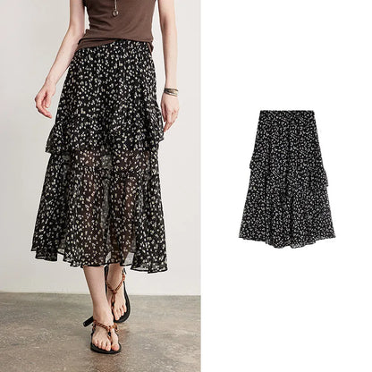 Women Chiffon Skirt 2026 Spring New Country Style Light and Flowing Floral Print Layered Ruffled Skirt