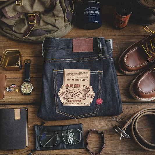 Vintage 14.5oz Selvedge Raw Denim Jeans with YKK Zipper Fly Embroidery Straight Jeans Classic Men's Solid Color Trousers