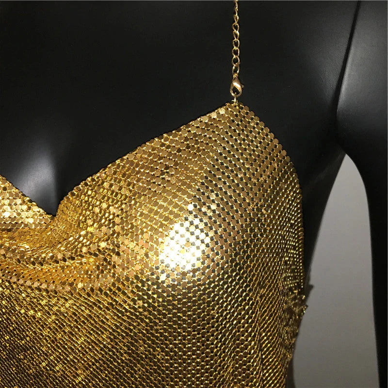 Shiny Metal Sequins Tank Tops For Women Sexy Backless V Neck Adjustable Chain Crop Top Lady Festival Rave Party Club Camisole