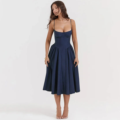 Women Elegant Sleeveless Backless Pleated Dresses Lady Sexy Solid Sling Midi Dress 2024 Female Party Evening A-line Robes