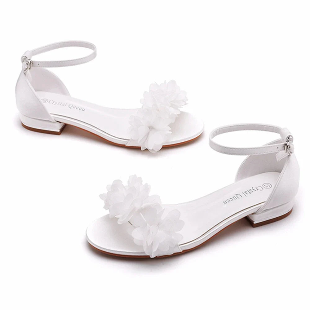 Summer new 2-cm square-heeled silk ribbon pearl rhinestone low-heeled wedding shoes beaded lace-up flat large-size women sandals