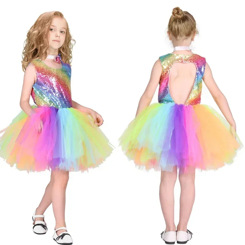 Summer Princess Dress Dance Performance Dress Birthday Dress Rainbow Sequin Fluffy Dress Girl's Children's Clothing Prom Dresses
