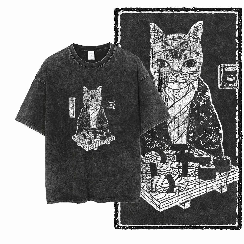 cat Printed Cotton Acid Washed Exclusive Graphic Unisex T Shirt Cool Streetwear Men Tshirts Big Size Tee for men